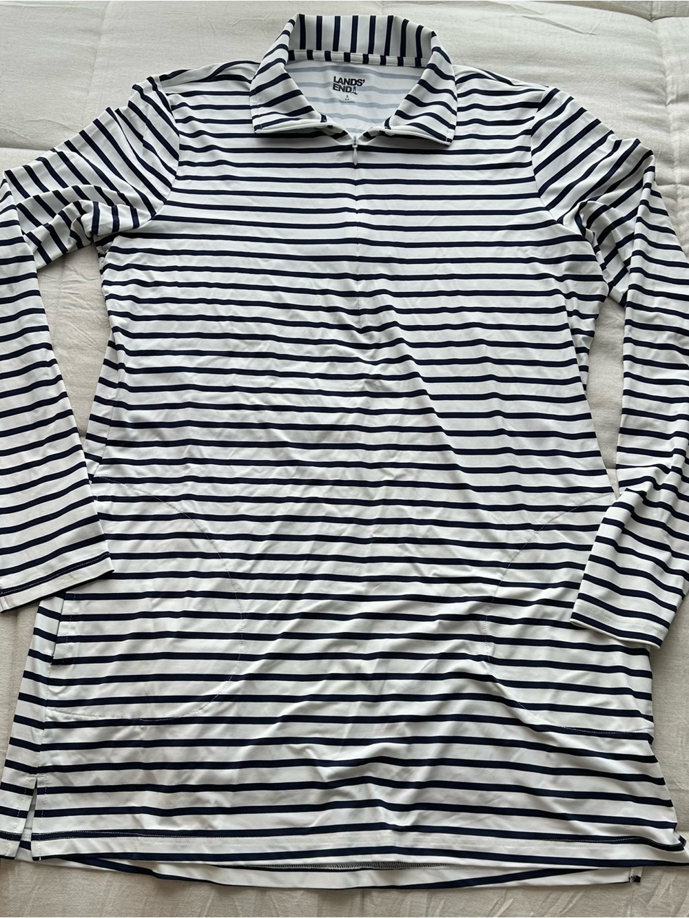 Lands' End White and Navy Striped Long-Sleeve Polo Dress